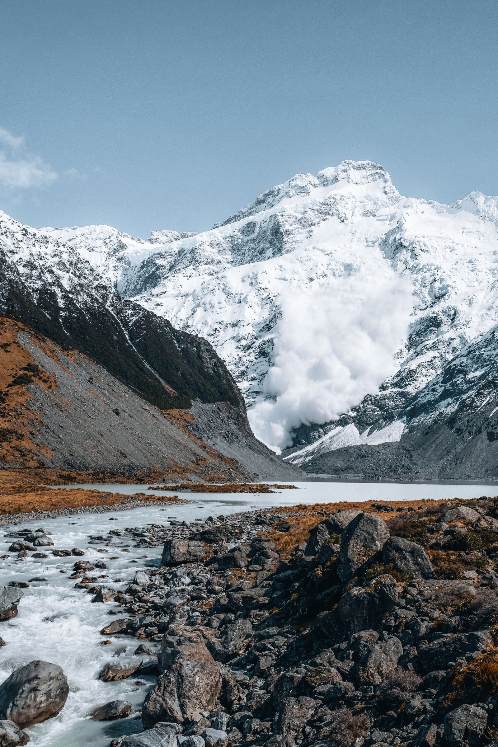 The Hooker Valley glacier river and mountains
