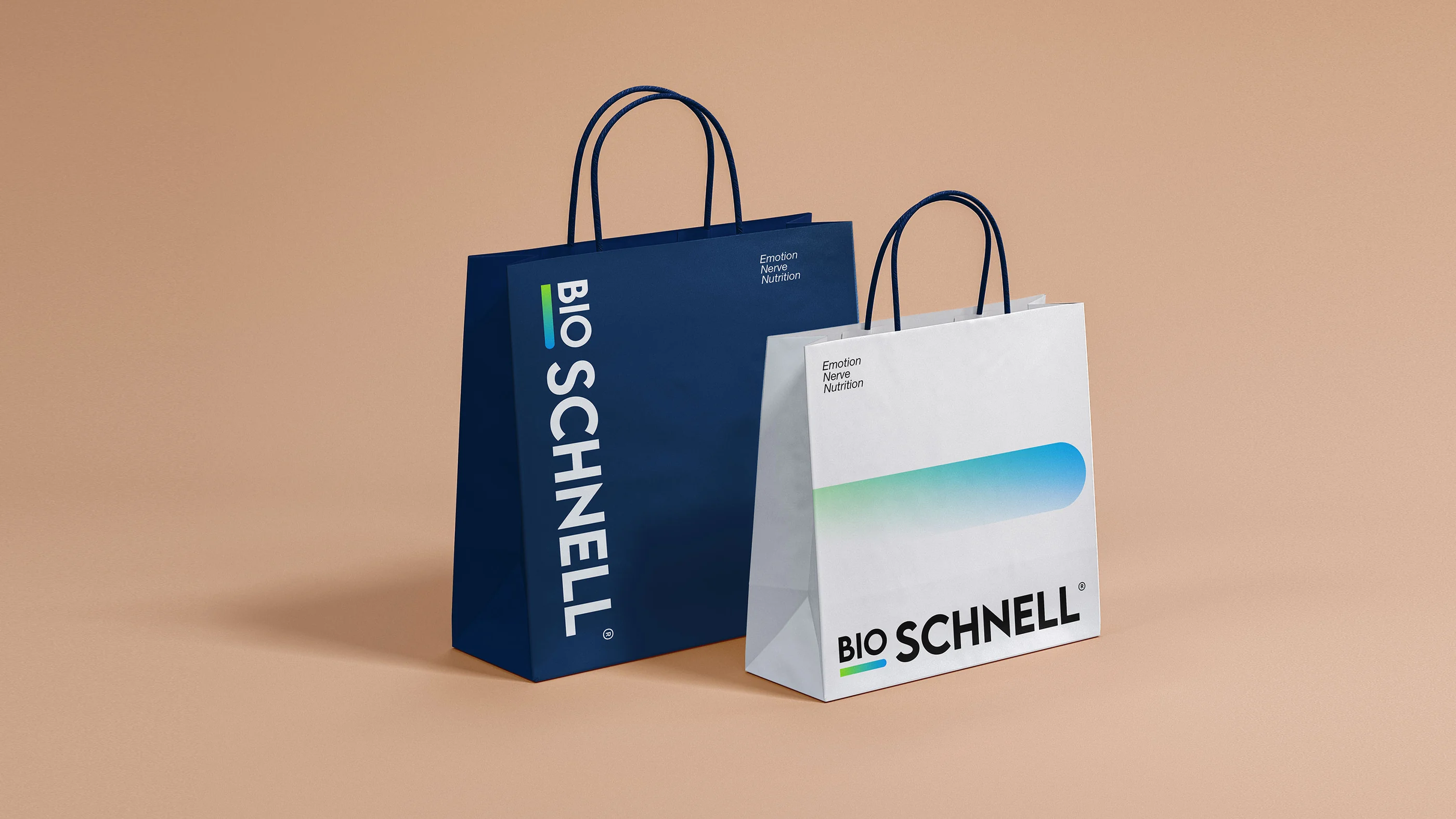 BioSchnell branded carry bags on light and dark backgrounds