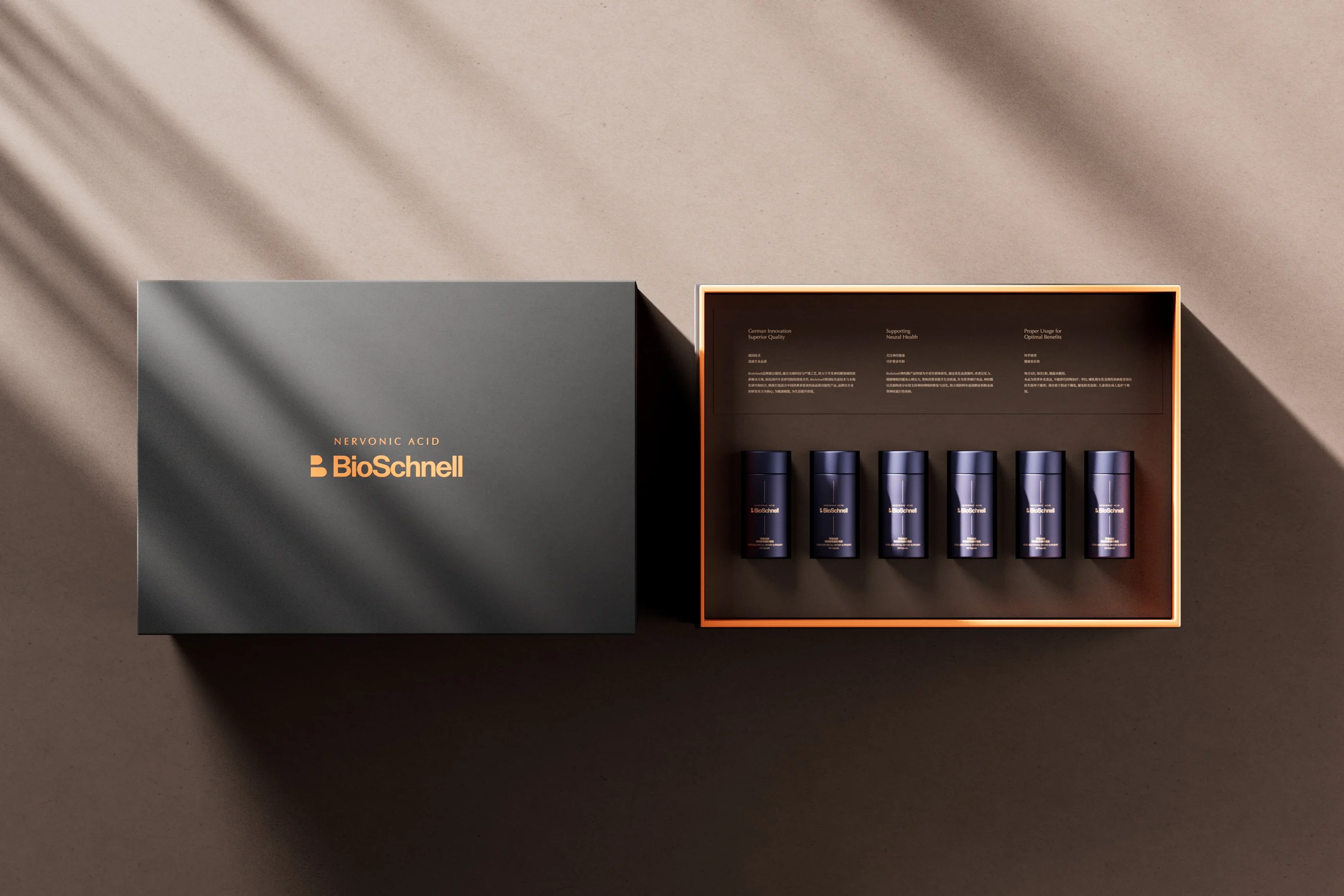 BioSchnell bottles and information inside a presentation box