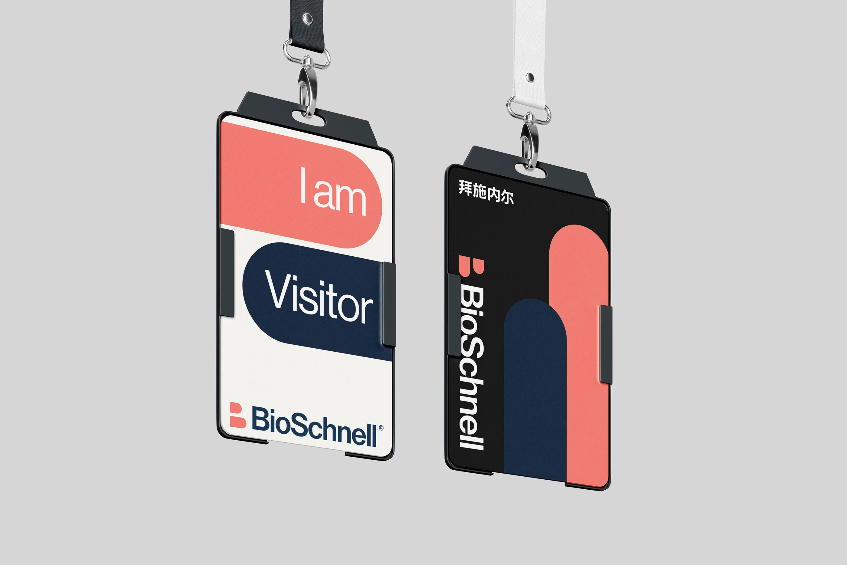 BioSchnell staff and visitor badges with the brand identity