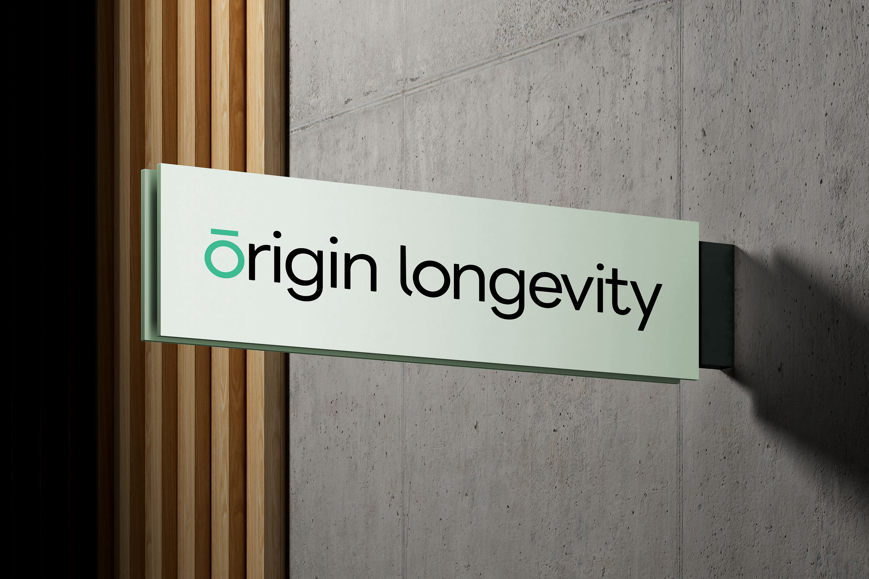 元龄Origin Longevity英文标识的门头灯箱应用示意